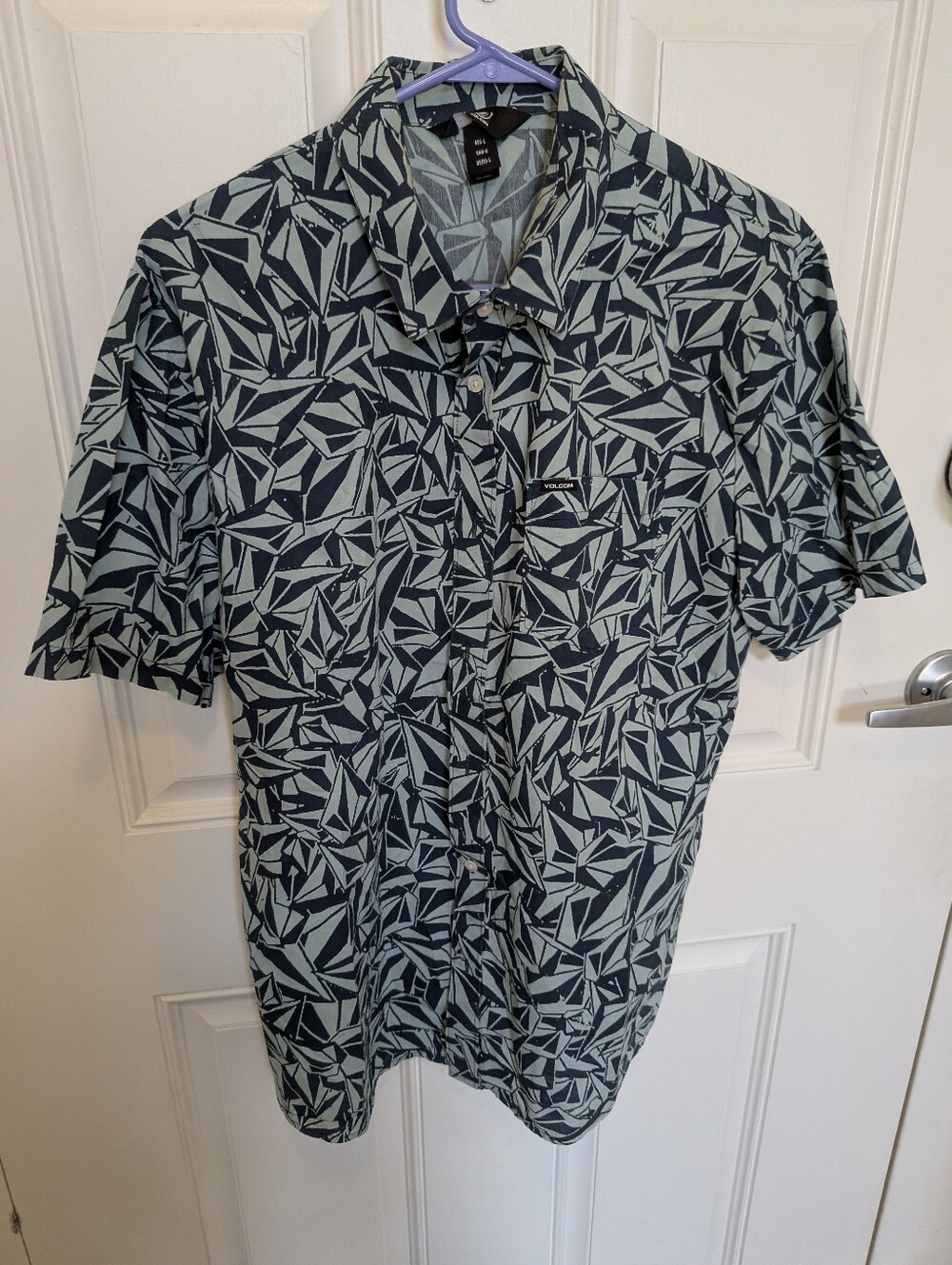 Volcom Stone Geometric Print Short Sleeve Button Down Shirt Blue Navy Mens L